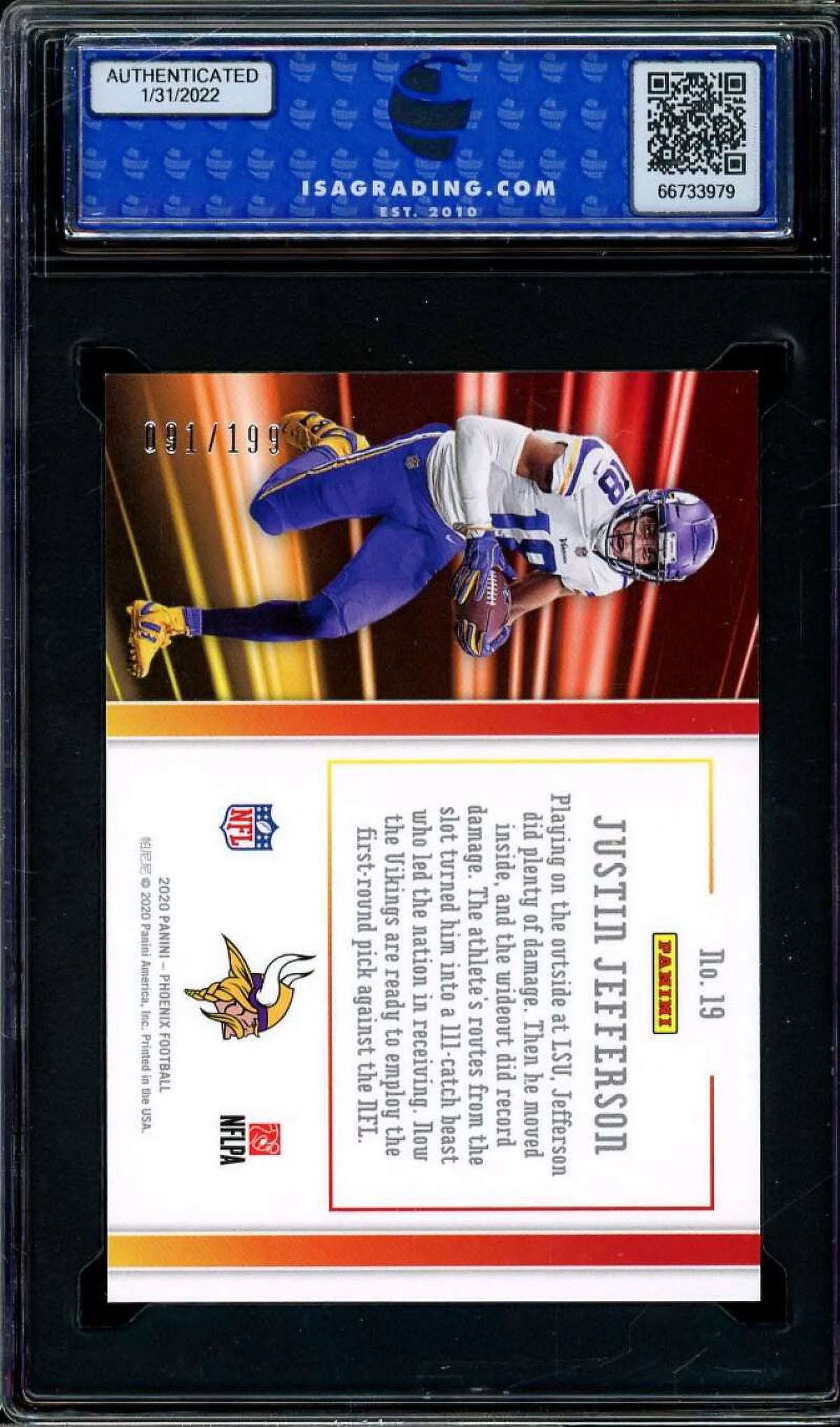 Justin Jefferson Rookie Card 2020 Panini Phoenix Pink #19 ISA 9 MINT F6561