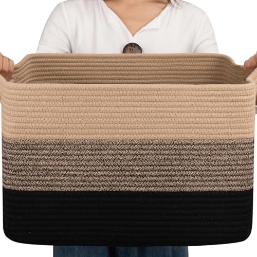 Large Gradient Blue Rectangle Woven Blanket Basket with Handle J860417