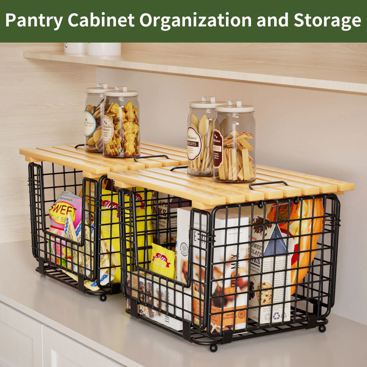 Black Stackable Fruit Baskets with Bamboo Top, 2 Pack G75578