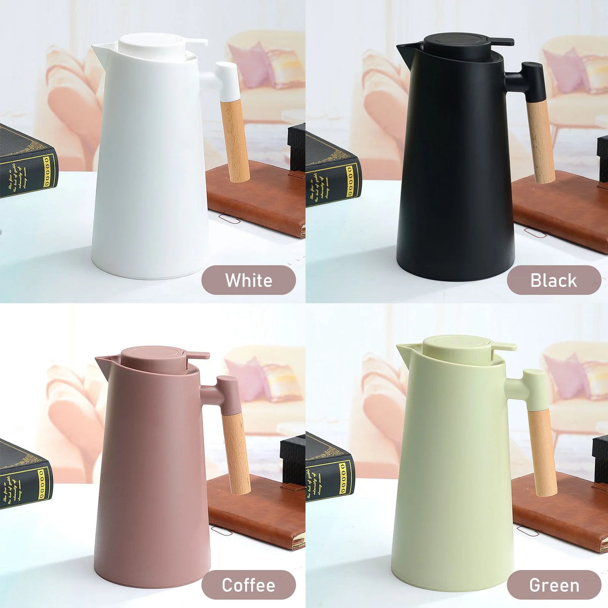 1L Double Walled Thermal Coffee Carafe with Wood Handle J5653
