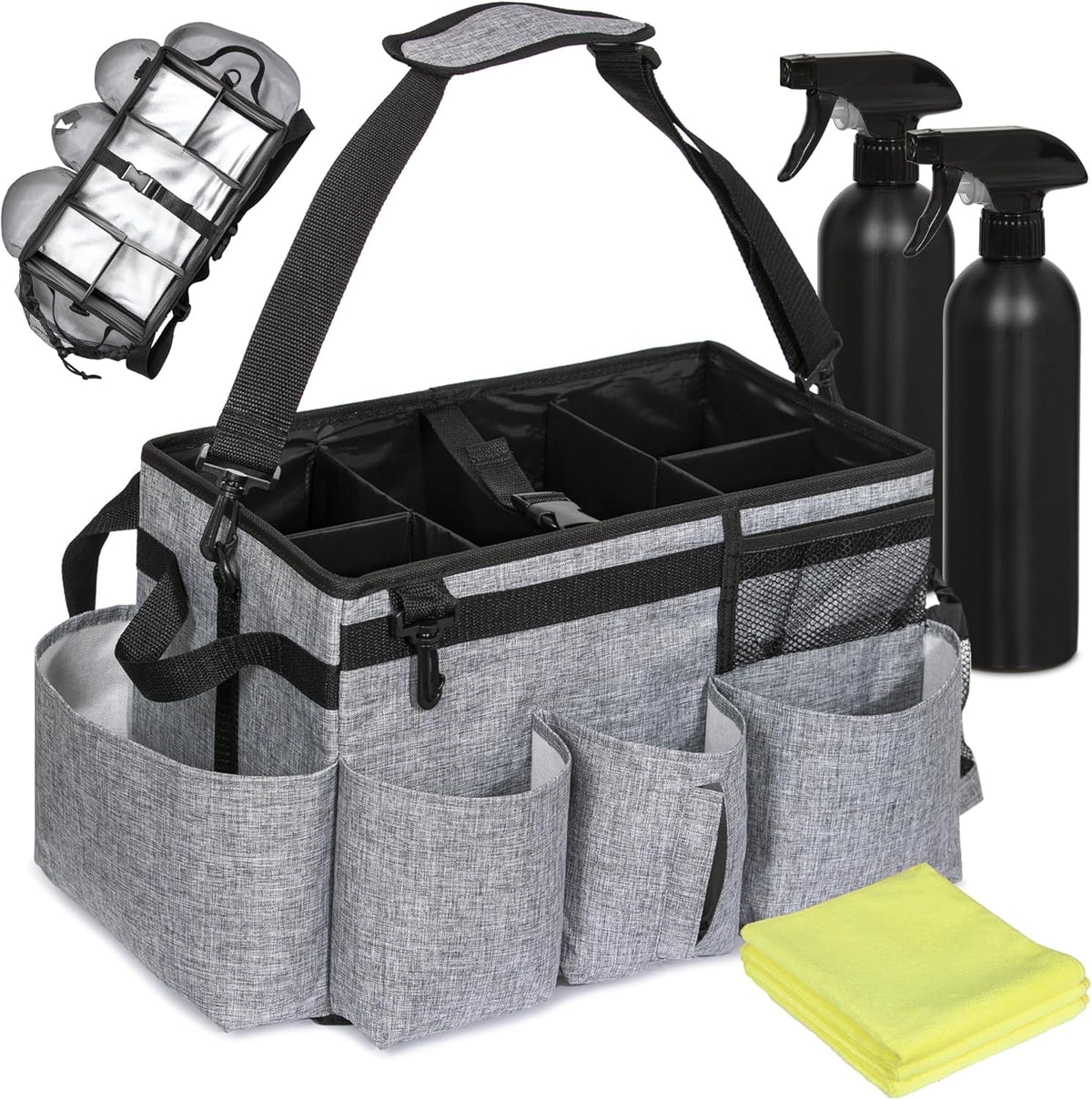 Large Cleaning Caddy with Handles and Strap, 3 Microfiber Cloths and 2 Spray Bottles K124