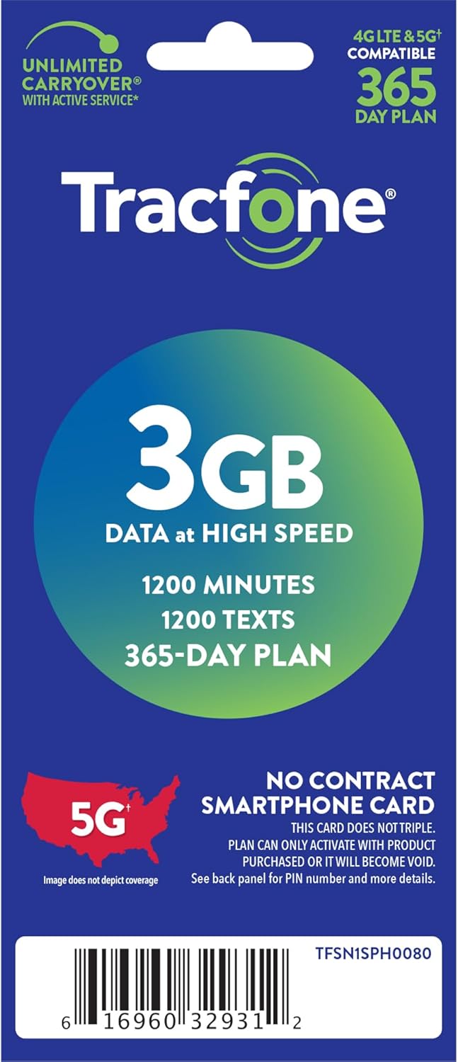 $60 1200 Min 1200 Text 3 GB Data 365–Day Plan U97928