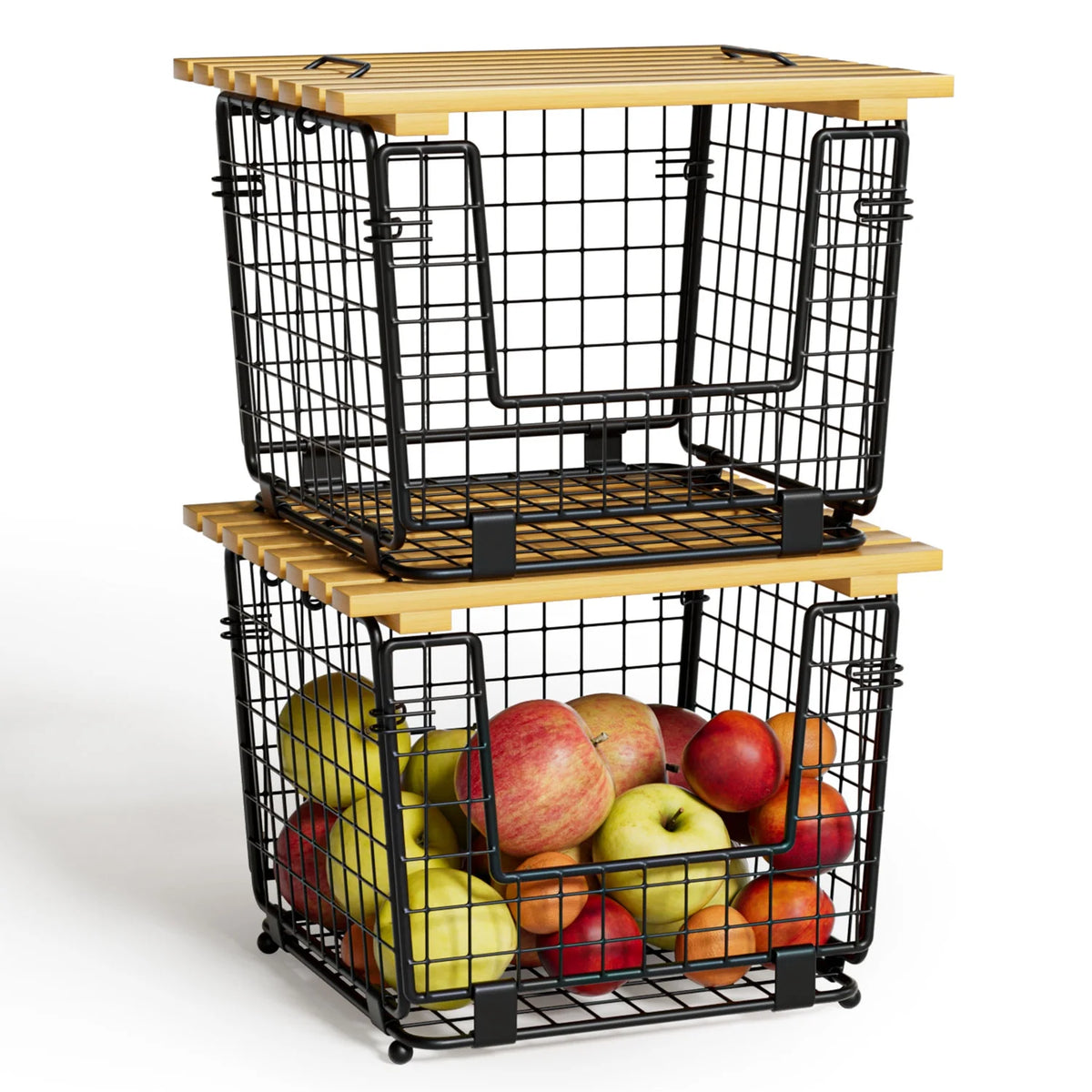 Black Stackable Fruit Baskets with Bamboo Top, 2 Pack G75578