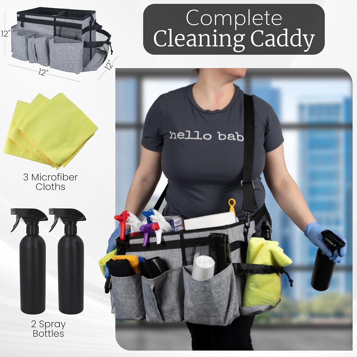 Large Cleaning Caddy with Handles and Strap, 3 Microfiber Cloths and 2 Spray Bottles K124