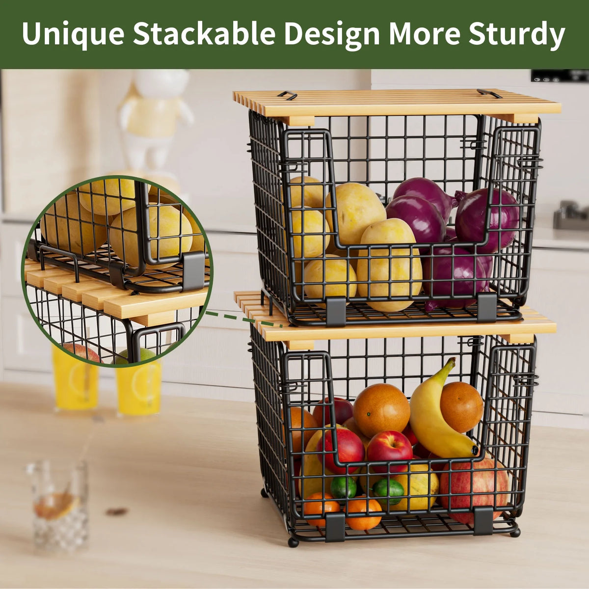 Black Stackable Fruit Baskets with Bamboo Top, 2 Pack G75578