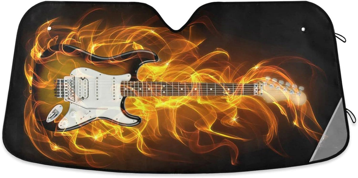 Electric Guitar Fire and Flames Car Windshield Sun Shade, Foldable Visor Protector, 55×27.6in F866