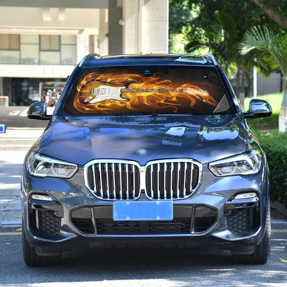 Electric Guitar Fire and Flames Car Windshield Sun Shade, Foldable Visor Protector, 55×27.6in F866