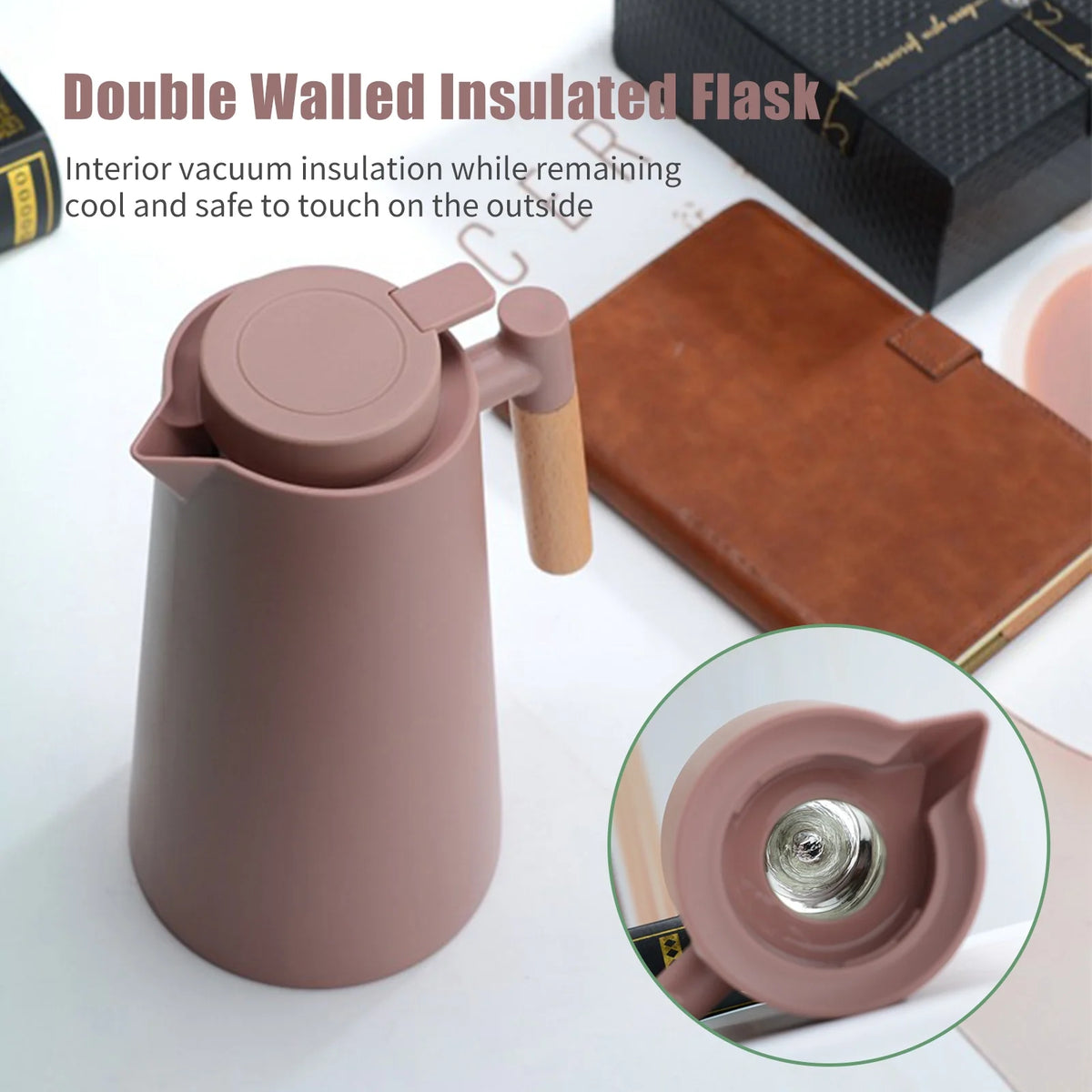 1L Double Walled Thermal Coffee Carafe with Wood Handle J5653