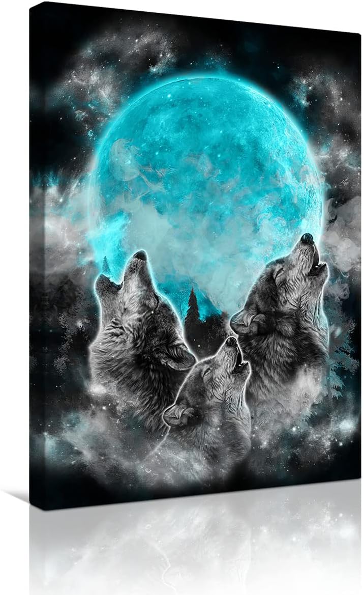 Blue Moon Wolf Framed Canvas Wall Art 16x12Inch Q618548